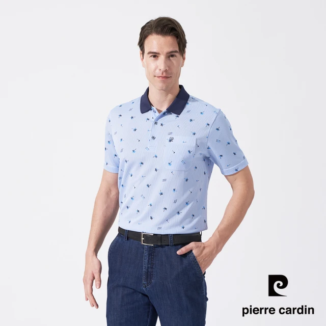 pierre cardin 皮爾卡登 商務休閒 男款 吸濕排汗直條印花短袖polo衫-水藍色(5247206-35)