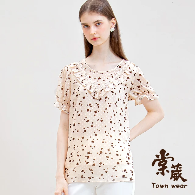 TOWN’WEAR 棠葳 氣質珍珠蕾絲領印花上衣(女上衣/女上著/短袖/透膚/滿版/長版)