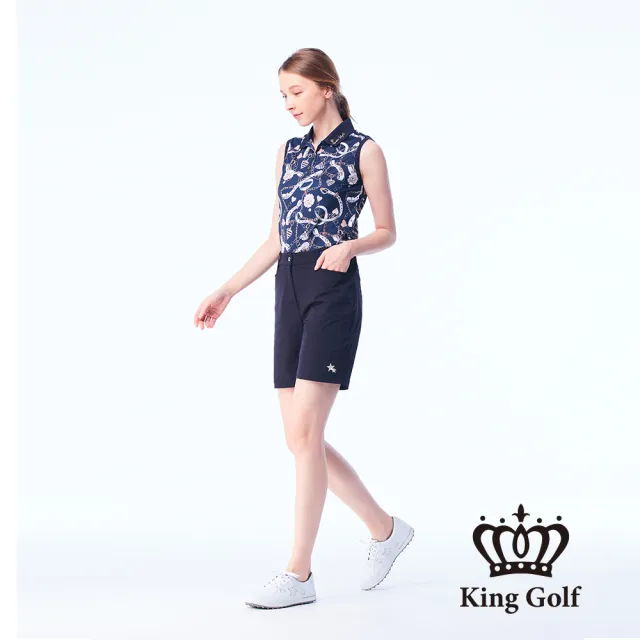 【KING GOLF】網路限定款-女款立體刺繡織帶拼接素面舒適修身休閒短褲/高爾夫球褲(丈青)