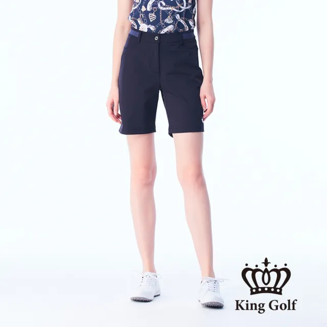 【KING GOLF】網路限定款-女款立體刺繡織帶拼接素面舒適修身休閒短褲/高爾夫球褲(丈青)