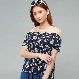 【BOBSON】女款荷葉拼接裸肩上衣(70090-53)