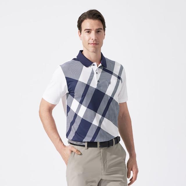 【pierre cardin 皮爾卡登】休閒服飾 男款 吸濕排汗胸前斜格短袖polo衫-深藍色(5247207-38)