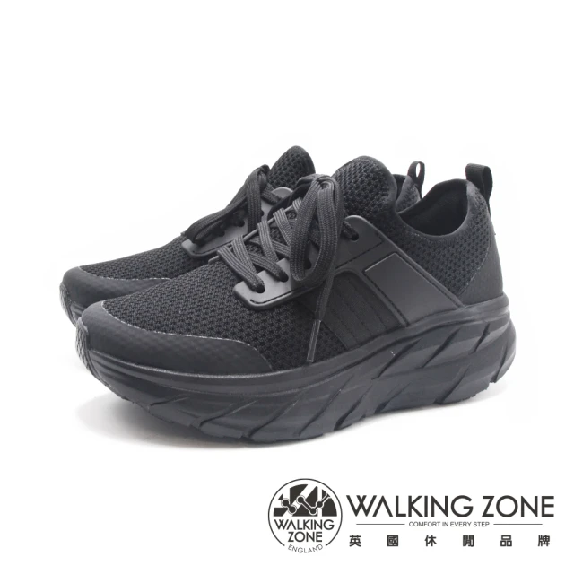 【WALKING ZONE】女 飛線針織布 增高厚底運動休閒鞋 女鞋(黑色)