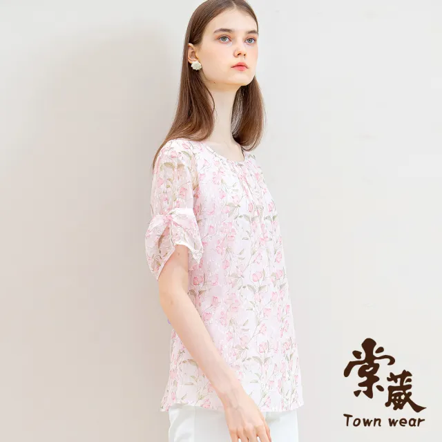 【TOWN’WEAR 棠葳】氣質花卉抓皺設計上衣(女上衣/女上著/鑽飾/短袖/透膚)