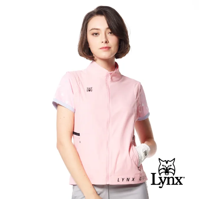 【Lynx Golf】女款吸溼排汗機能織帶剪接設計後背山貓沖孔配布造型無袖背心(二色)