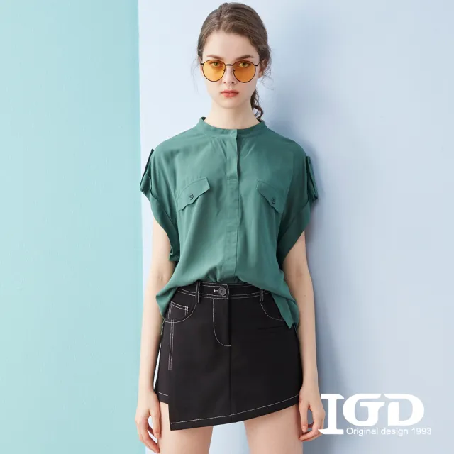 【IGD 英格麗】網路獨賣款-時尚立領反折袖上衣(綠色)