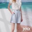 【IGD 英格麗】網路獨賣款-簡約純色打褶短褲(水藍)