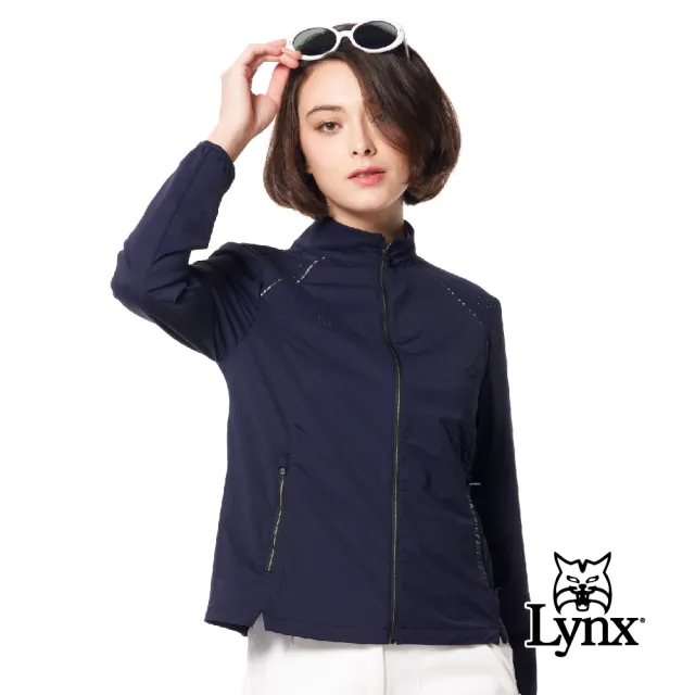 【Lynx Golf】女款彈性舒適沖孔配布後腰剪接針織帶造型拉鍊口袋長袖外套(二色)