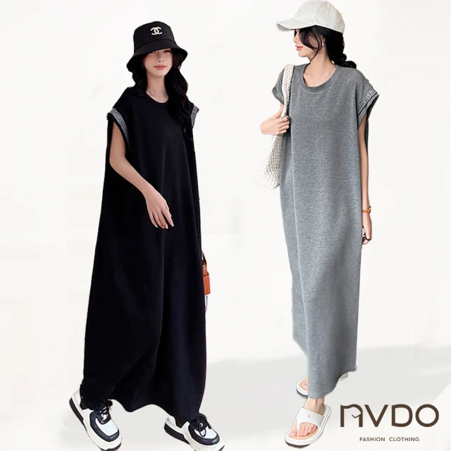 NVDO 春季預購 大尺碼亮絲小飛袖寬鬆休閒長裙-兩色可選(XL-3XL/短袖洋裝/F139)