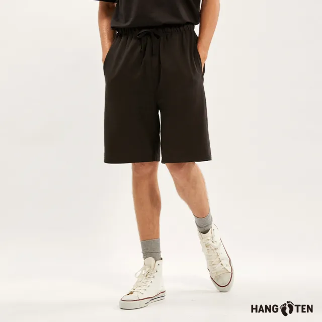 【Hang Ten】男裝-RELAXED FIT純棉毛圈布鬆緊腰頭抽繩寬鬆針織短褲(黑)