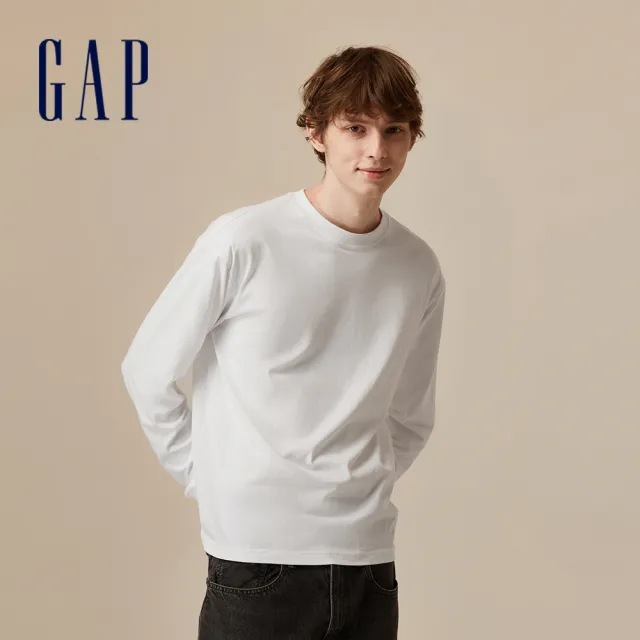 【GAP】男裝 純棉圓領長袖T恤-白色(773161)