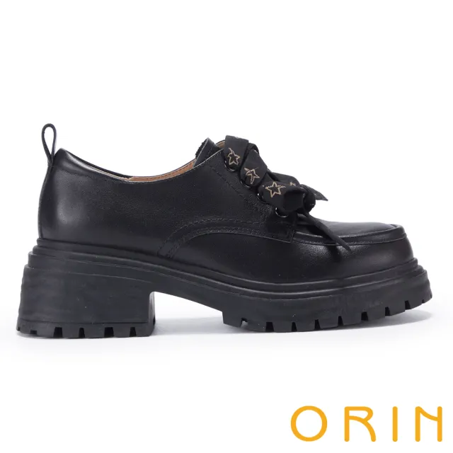 【ORIN】復古法式綁帶牛皮厚底樂福鞋(黑色)