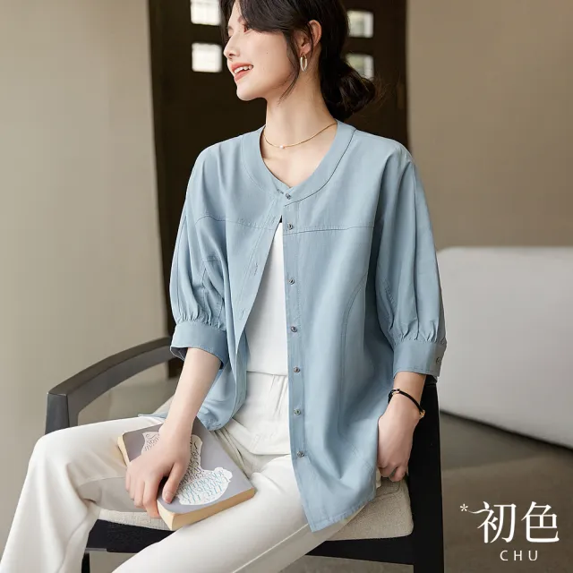 【初色】純色寬鬆輕薄立領排釦五分袖短袖外套襯衫上衣女上衣-藍色-33463(M-2XL可選)