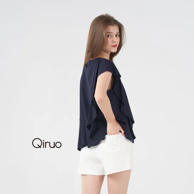 【Qiruo 奇若名品】春夏專櫃深藍上衣3008A 小包荷葉袖(休閒時尚深藍女裝)