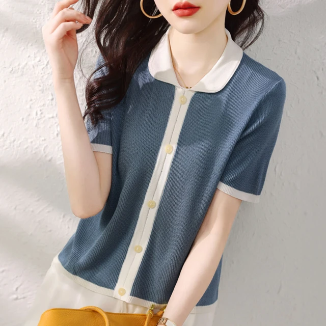 CUMAR 2WAY立體橫紋連袖短袖針織衫(藍 粉 綠/魅力