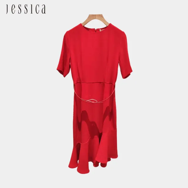 【JESSICA】氣質不規則魚尾裙擺短袖雪紡洋裝242703