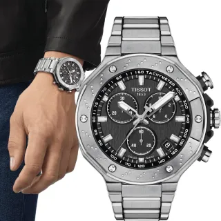【TISSOT天梭 官方授權】T-RACE 三眼計時運動腕錶-45mm黑 情人節 送禮首選(T1414171105101)
