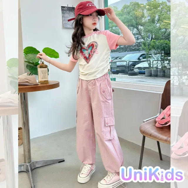 【UniKids】中大童裝愛心短袖T恤撞色抽繩收腰 女大童裝 CV愛心T恤(工裝褲)