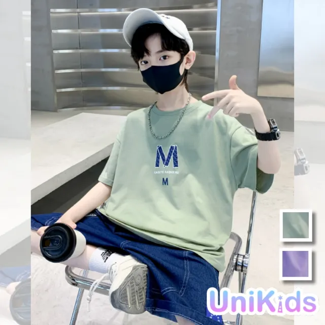 【UniKids】中大童裝2件套短袖字母T恤牛仔五分褲 男大童裝 CVTZE6113(紫 綠)
