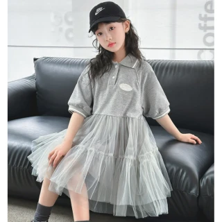 【UniKids】中大童裝短袖洋裝POLO領網紗拼接連身裙 女大童裝 CVL760(灰)
