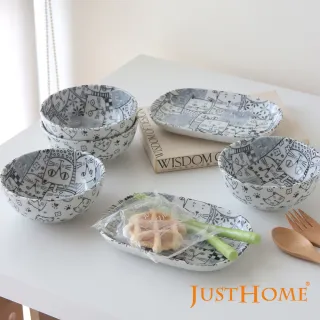 【Just Home】日本製滿版貓咪世界陶瓷碗盤餐具6件組-2款可選(日本製 碗 盤 餐具)