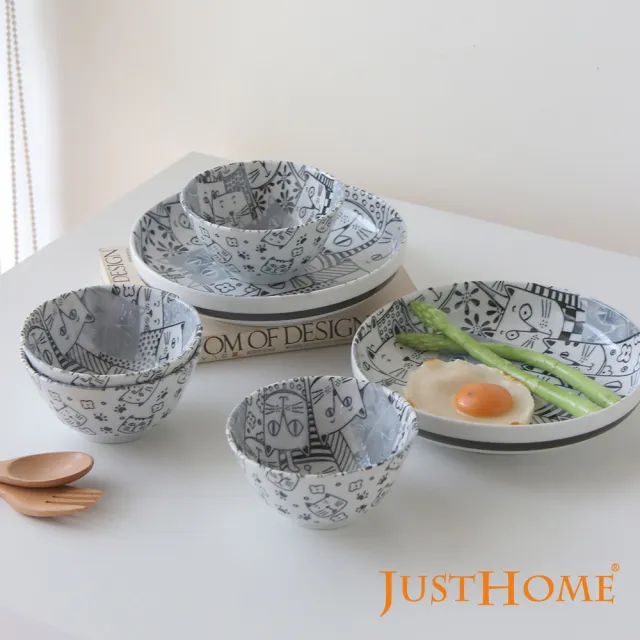 【Just Home】日本製滿版貓咪世界陶瓷碗盤餐具6件組-2款可選(日本製 碗 盤 餐具)