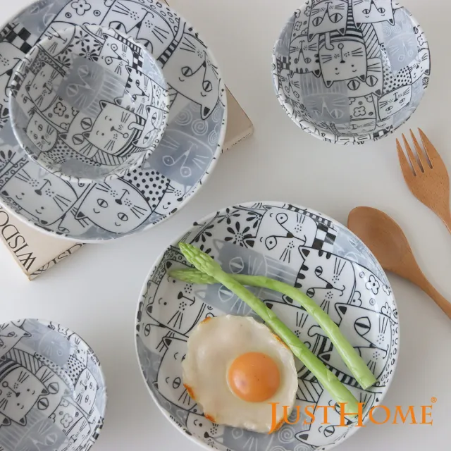 【Just Home】日本製滿版貓咪世界陶瓷碗盤餐具6件組-2款可選(日本製 碗 盤 餐具)