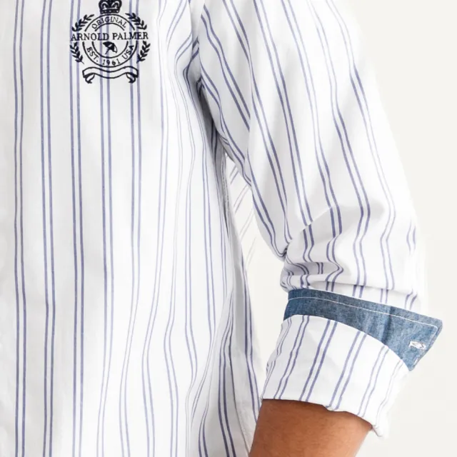 【Arnold Palmer 雨傘】男裝-學院風LOGO刺繡條紋長袖襯衫(白色)