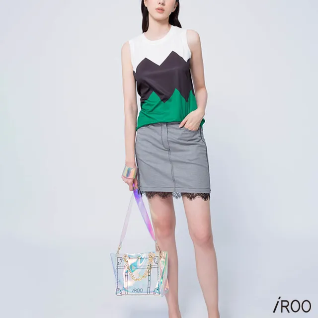 【iROO】細格紋下擺蕾絲經典設計短裙