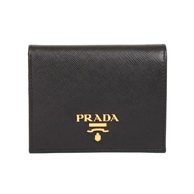 【PRADA 普拉達】SAFFIANO 防刮皮革金屬字母釦式輕便短夾(黑色)