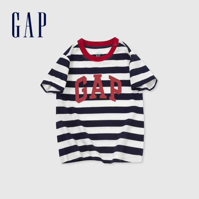 GAP 男幼童裝 Logo純棉圓領短袖T恤-藍白條紋(890229)