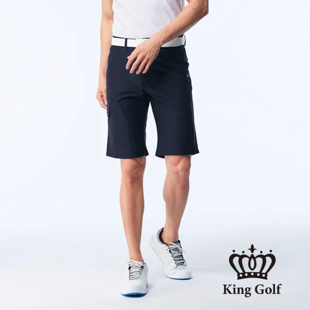 【KING GOLF】實體同步款-男款LOGO印花側袋彈性短褲/高爾夫球褲(藍色)