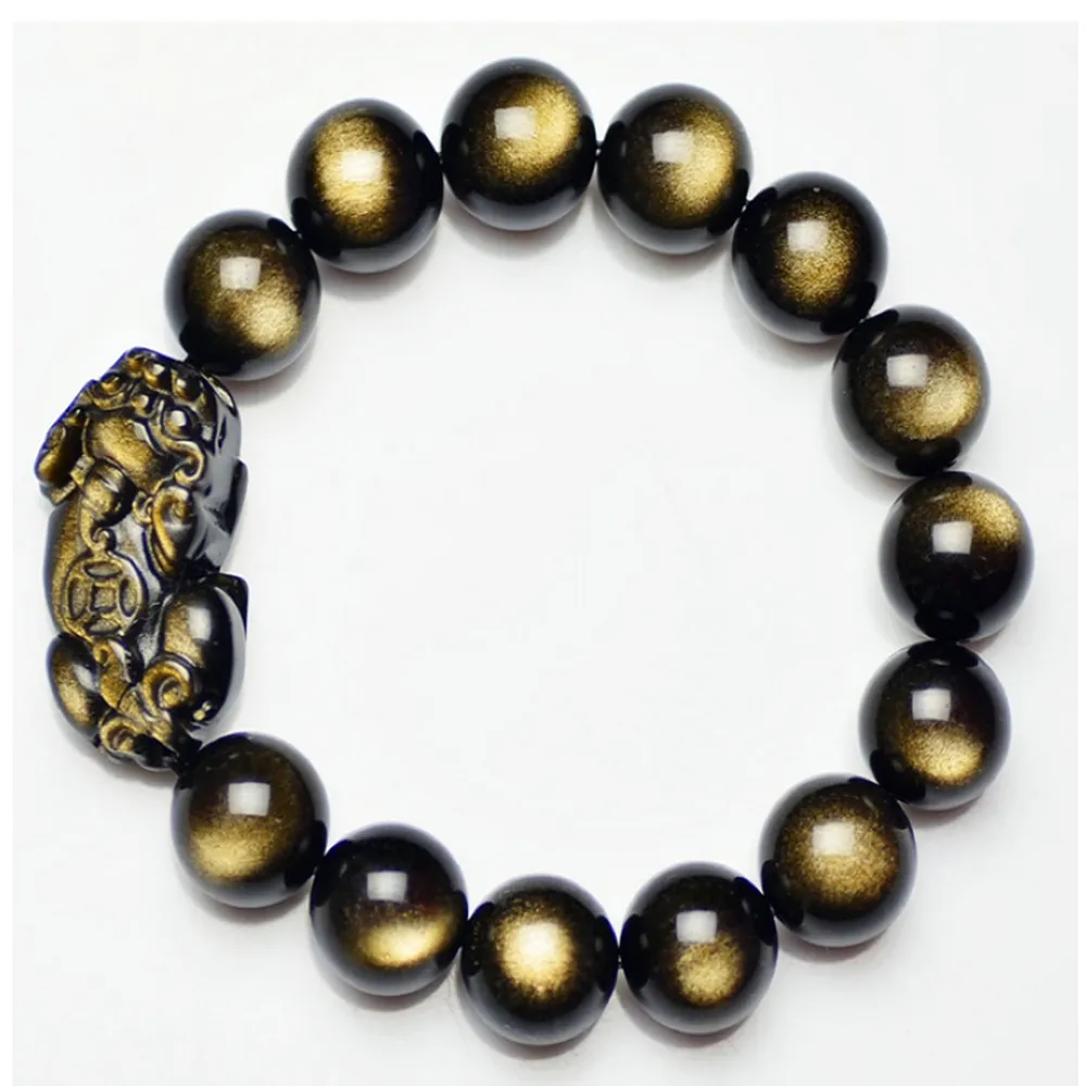 【財神小舖】金曜石貔貅手鍊 旺財款 14mm(已開光 高雄進寶財神廟 開運手鍊 黑曜石)