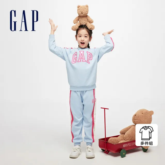 【GAP】女童裝 Logo圓領長袖長褲家居套裝-淺藍色(890209)