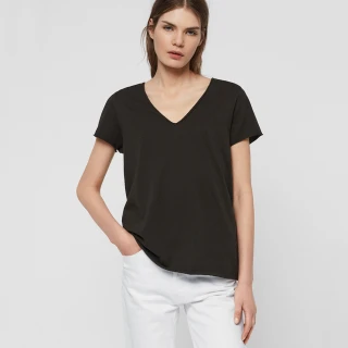 【ALLSAINTS】EMELYN 日常舒適素色V領純棉短袖T恤-黑 WM115P(常規版型)