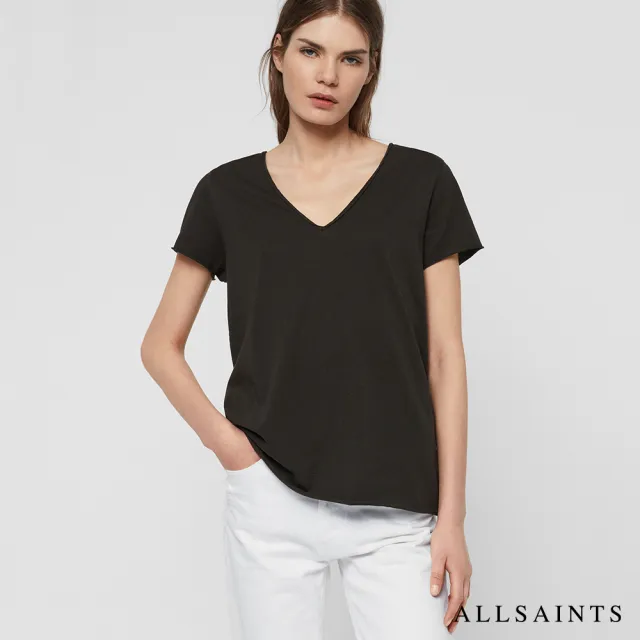 【ALLSAINTS】EMELYN 日常舒適素色V領純棉短袖T恤-黑 WM115P(常規版型)