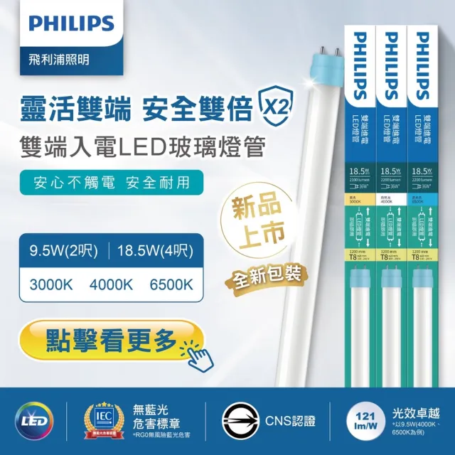【Philips 飛利浦】20入組 T8 LED燈管 4尺 18.5W 2200LM 玻璃燈管(白光/中性光/黃光)