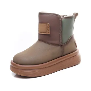 【Vecchio】真皮雪靴 厚底雪靴/真皮繽紛牛皮拚色保暖厚絨設計厚底雪靴(綠)