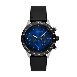 【EMPORIO ARMANI 官方直營】Mario 炫藍運動潮流計時指針手錶 黑色真皮錶帶 43MM AR11522