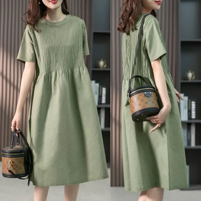 【JC Collection】洋裝舒適透氣棉麻遮肉顯瘦風琴摺連身裙(綠色、粉色)