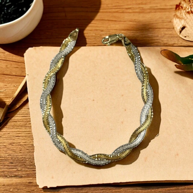 Eli Jewelry 正14黃K金 貴氣鎖鏈編織造型白K金玫瑰金雙色手鍊手環(附金飾保證卡 重1.35錢)