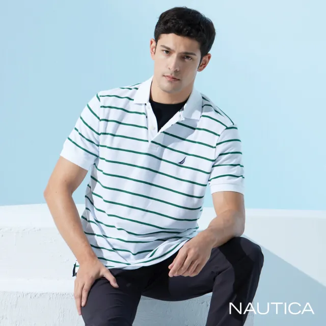 【NAUTICA】男裝 吸濕排汗跳色條紋短袖POLO衫(白色)