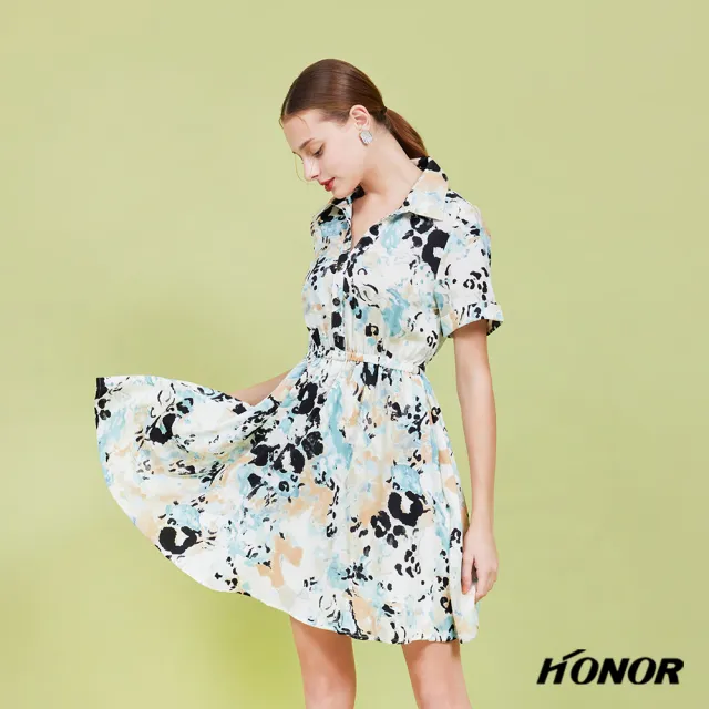 【HONOR 山形屋】出清品 立體月牙排釦褶袖收腰口袋洋裝(限定出清)