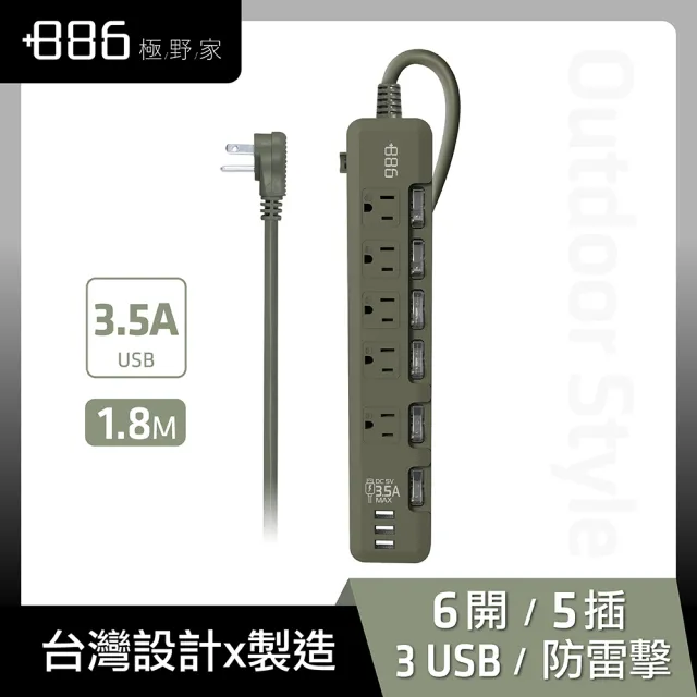 【+886】極野家 6開5插3USB過載保護延長線1.8米-3.5A大輸出 3色任選(HPS1651)