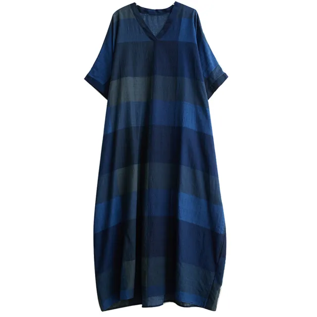 【ACheter】藍釉花色度假風旅遊V領短袖復古長裙遮肉棉麻連身裙洋裝#121353(藍)