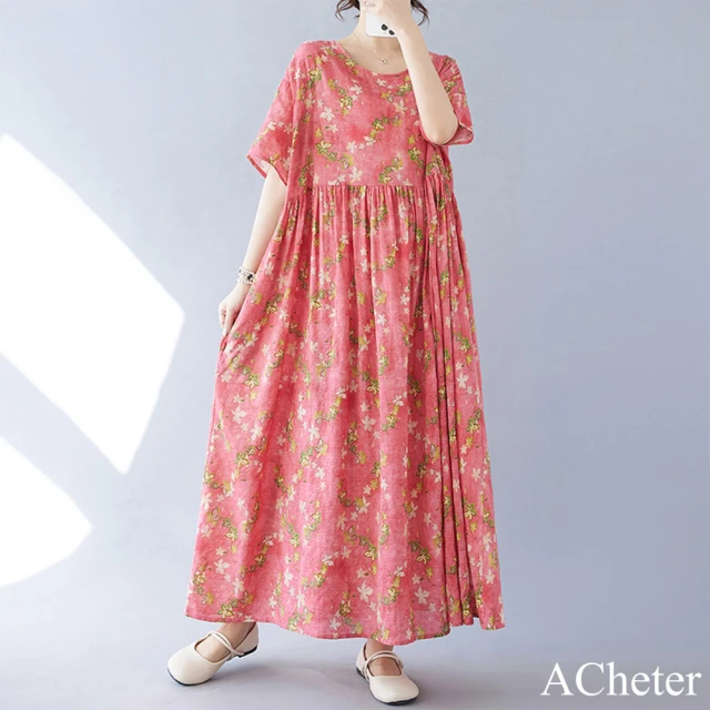 【ACheter】簡約時尚波西米亞長裙短袖圓領寬鬆印花連身裙長洋裝#121354(西瓜紅)