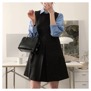 【MsMore】韓國簡約高級感設計感寬鬆百搭背心無袖連身裙西服中長版洋裝#121343(黑/灰)