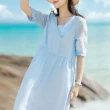 【ACheter】棉麻感連身裙新中式純藍色海邊度假風木耳邊V領長版洋裝#121374(藍)