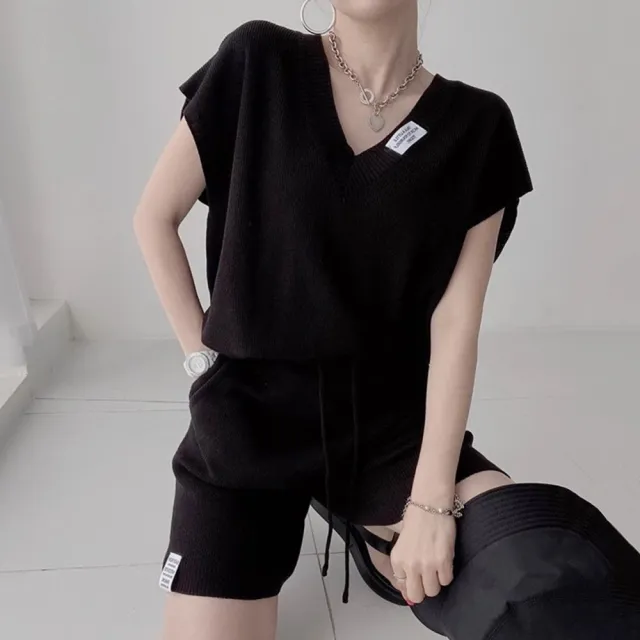 【MsMore】韓國chic甜美V領寬鬆短袖針織衫+抽繩高腰休閒闊腿短褲兩件式套裝#121046(米/黑/粉/卡其)