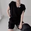 【MsMore】韓國chic甜美V領寬鬆短袖針織衫+抽繩高腰休閒闊腿短褲兩件式套裝#121046(米/黑/粉/卡其)